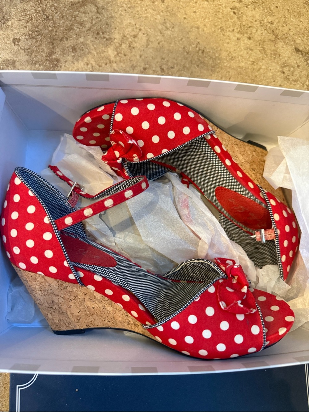 NEW Red Polka Dot Wedge Sandals with Cork Heel and Ankle Strap